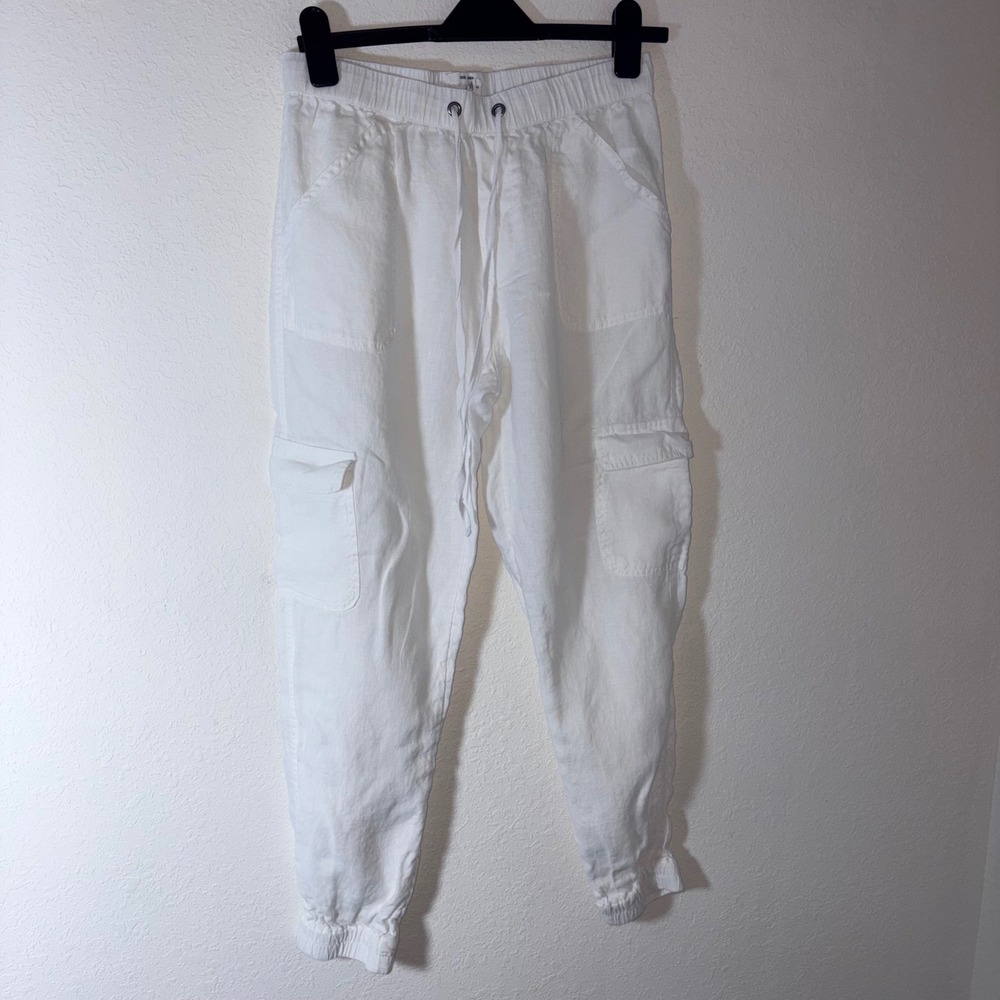 Nicole Miller Cargo Joggers Medium White Excellent 100% Linen Elastic Waist